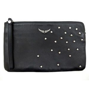 Zadig & Voltaire Black Uma Heart Wristlet Clutch Bag in Pebbled Leather